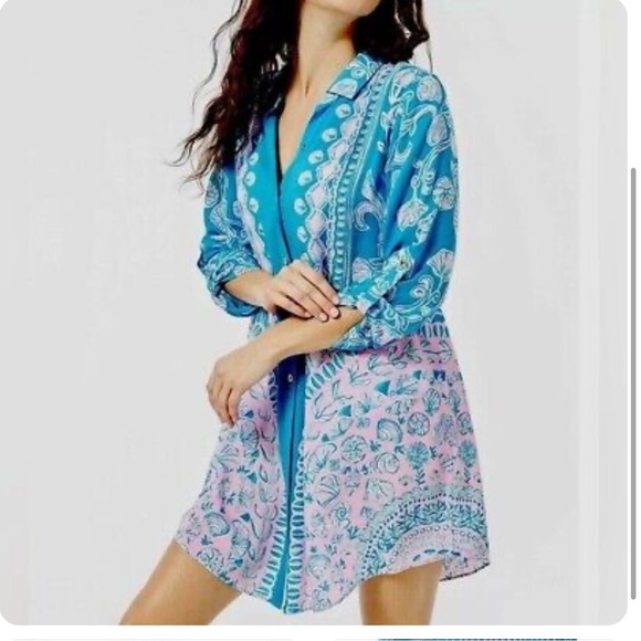 NWT Lilly Pulitzer Lilly Waterya Waiting For Turquoise Teal Natalie Coverup - Picture 2 of 7